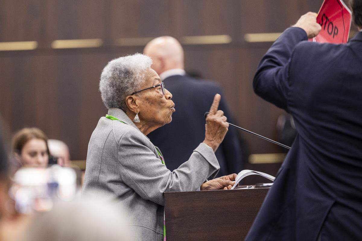 U.S. Rep. Eva Clayton, who represented North Carolina’s 1st Congressional District for more than a decade, speaks out against a new Republican-drawn congressional map aimed at gaining an additional seat for the GOP, during public comments at a House Select Committee on Redistricting meeting on Tuesday, Oct. 21, 2025, at the Legislative Office Building in Raleigh. Senate Republicans approved the map in a 26-20 party-line vote on Tuesday, following an initial vote the previous day marked by hours of heated debate and repeated interruptions from protesters in the gallery.