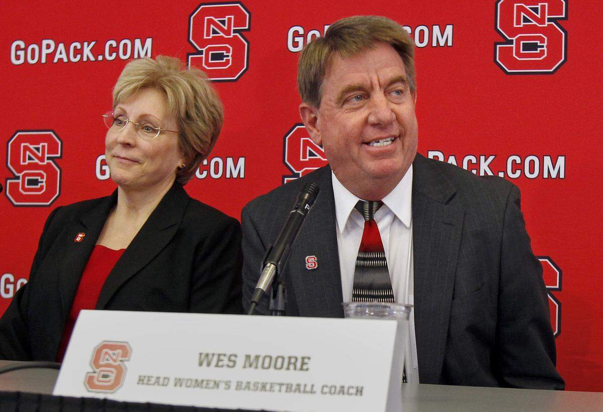 Wes Moore is introduced by Director of Athletics Debbie Yow as the new head coach for the N.C. State women’s basketball team Monday, April 8, 2013. He has since gone on to win 222 games. At the conclusion of the 2022 season, he was named the ACC Coach of The Year. He also took the women’s team to the Elite 8 for the first time since 1998.