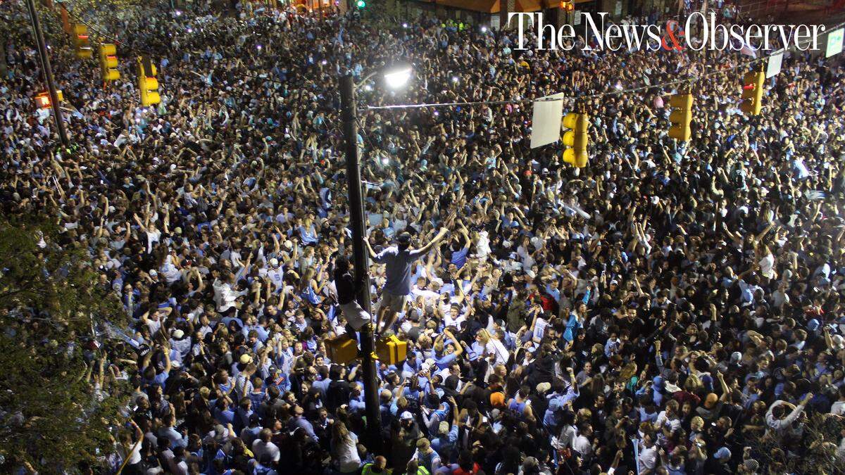 UNC fans celebrate North Carolina’s national championship win over Gonzaga in April 2017.