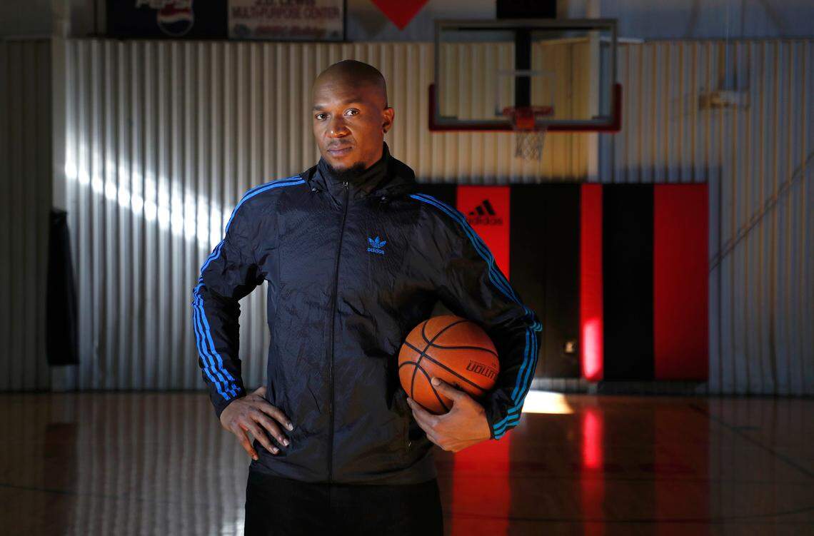 David West poses in the gym at the JD Lewis Center in Raleigh, N.C., Friday, Dec. 20, 2019. West is the chief operating officer and chief recruiter of the HBL, which starting in 2021 plans to create a collegiate-aged path to the NBA completely separate from the NCAA,