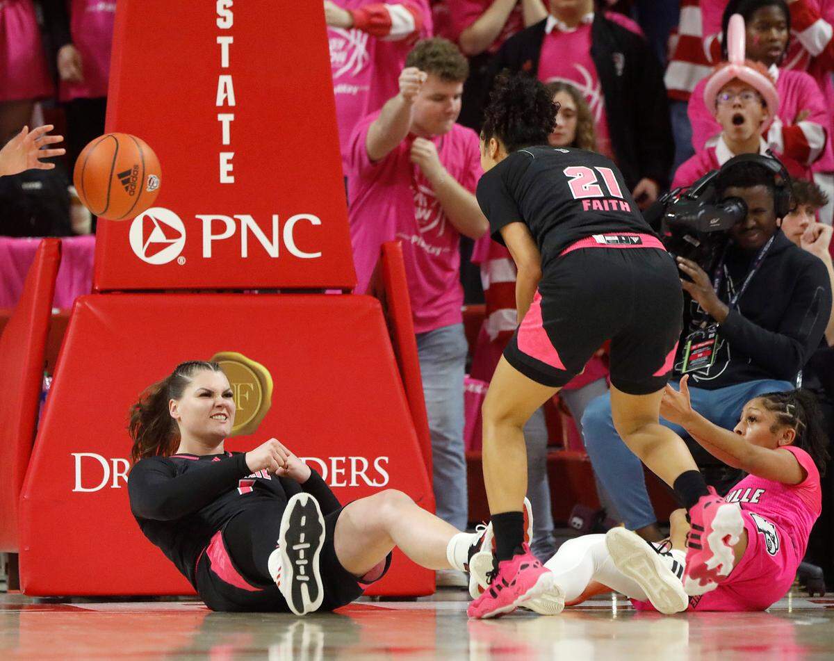 N.C. State’s River Baldwin celebrates after drawing a charge during the second half of the Wolfpack’s 77-67 win over Louisville on Monday, Feb. 5, 2024, at Reynolds Coliseum in Raleigh, N.C.