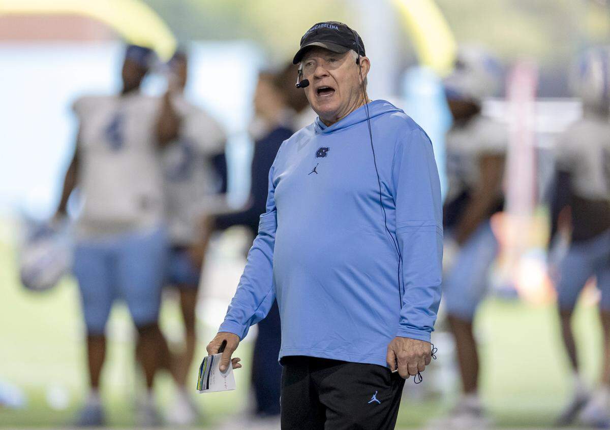 North Carolina coach Mack Brown directs his players during their scrimmage on Thursday, April 11, 2024 in Chapel Hill, N.C.