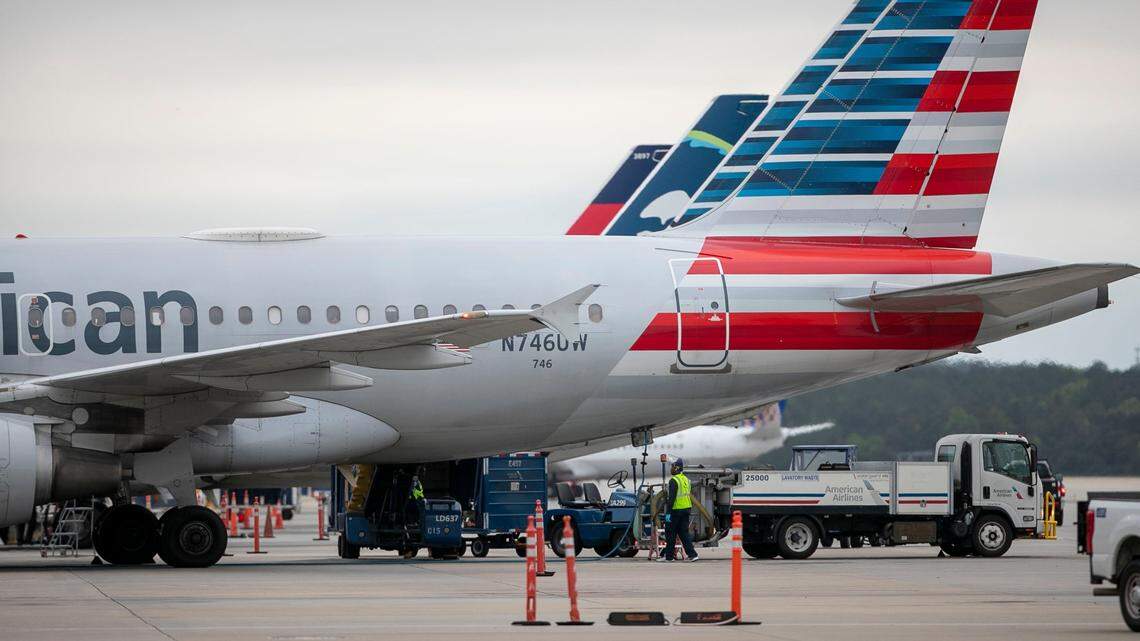 American Airlines jets on the tarmac at Raleigh-Durham International Airport on May 12, 2022.