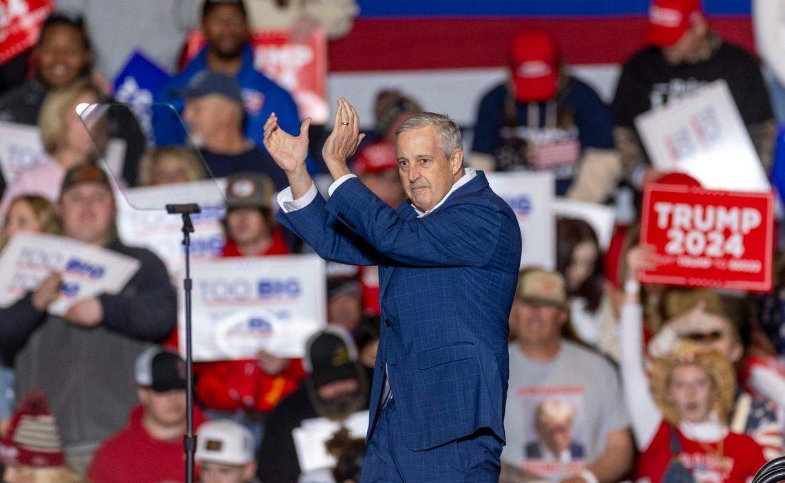 Michael Whatley, the next leader of the Republican National Committee, takes the stage during a campaign rally featuring former President Donald Trump on Saturday, March 2, 2024, at the Events Center at the Greensboro Coliseum Complex.