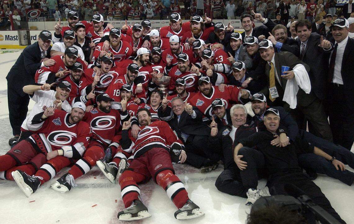 The Carolina Hurricanes pose for a team photo after winning the Stanley Cup.  The Carolina Hurricanes beat the Edmonton Oilers in Game 7 of the Stanley Cup at the RBC Center in Raleigh on June 19, 2006. 