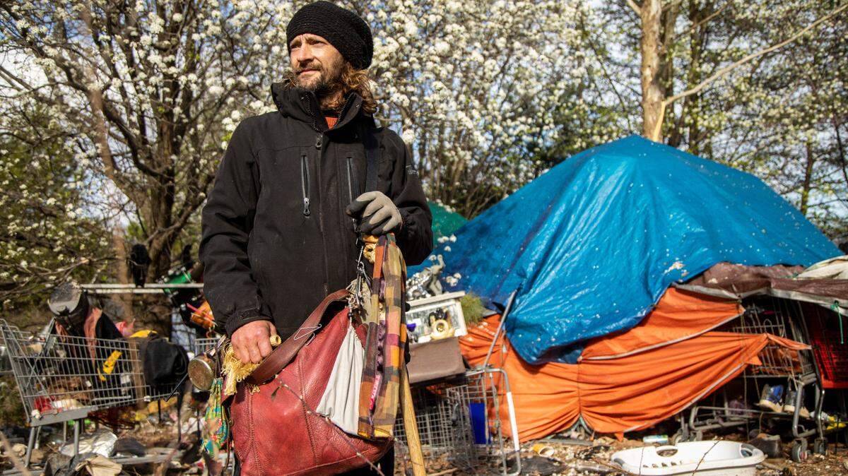 Mack Peace, 40, says he has lived in a camp between Interstate 540 and an exit ramp to Capital Boulevard for about a year. The NCDOT has received numerous complaints about trash and debris from the camp.