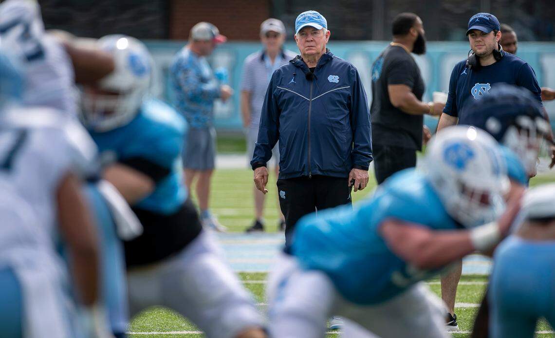 North Carolina coach Mack Brown watches his team during their open practice on Saturday, March 25, 2023 at Kenan Stadium in Chapel Hill. N.C.