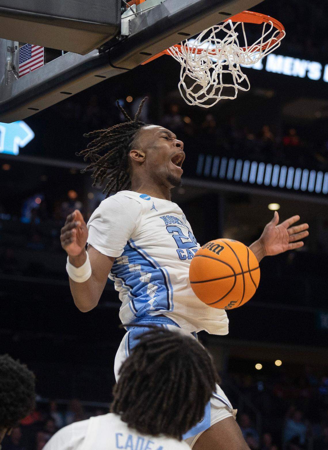 North Carolina’s Jae’Lyn Withers (24) reacts after a dunk on as fast break in the second half against Wagner on Thursday, March 21, 2024 during the NCAA Tournament at Spectrum Center in Charlotte, N.C. Withers scored 16 points in the Tar Heels’ victory.