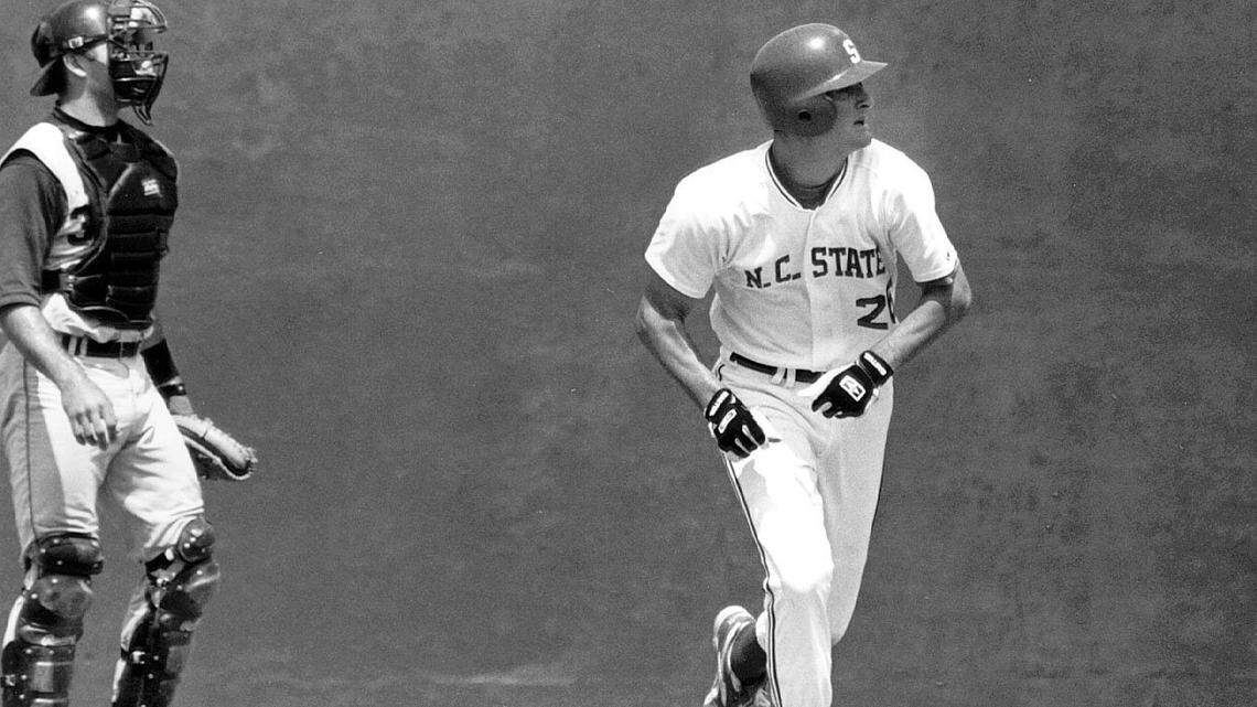 Chris Combs playing baseball for N.C. State in the 1990s.