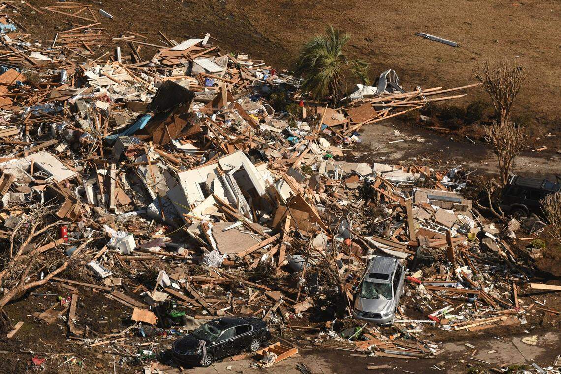 This aerial photo shows the devastation Tuesday Feb. 16, 2021, in the Ocean Ridge Plantation area of Brunswick County, N.C. following a tornado.