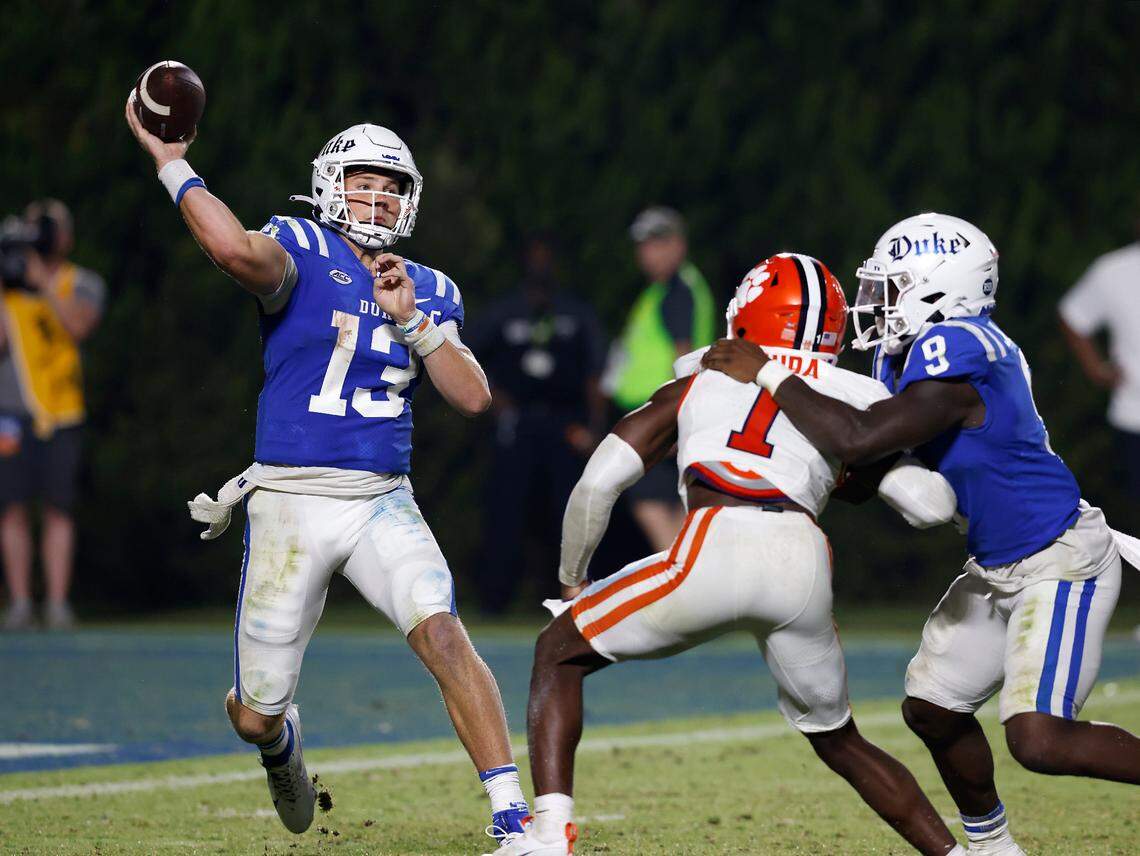 Duke’s Riley Leonard looks to throw during the second half of the Blue Devils’ 28-7 win over Clemson on Monday, Sept. 4, 2023, at Wallace Wade Stadium in Durham, N.C.