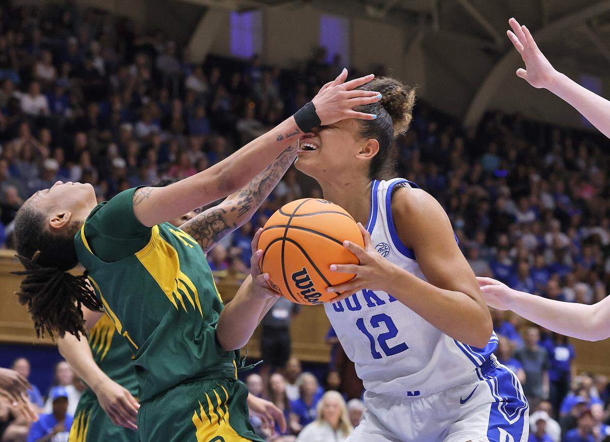Duke’s Delaney Thomas is fouled by Baylor’s Taliah Scott during the first half of the Blue Devils’ second-round NCAA Tournament game on Sunday, March 22, 2026, at Cameron Indoor Stadium in Durham, N.C.