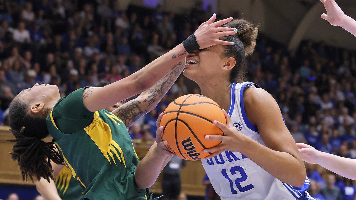 Duke’s Delaney Thomas is fouled by Baylor’s Taliah Scott during the first half of the Blue Devils’ second-round NCAA Tournament game on Sunday, March 22, 2026, at Cameron Indoor Stadium in Durham, N.C.