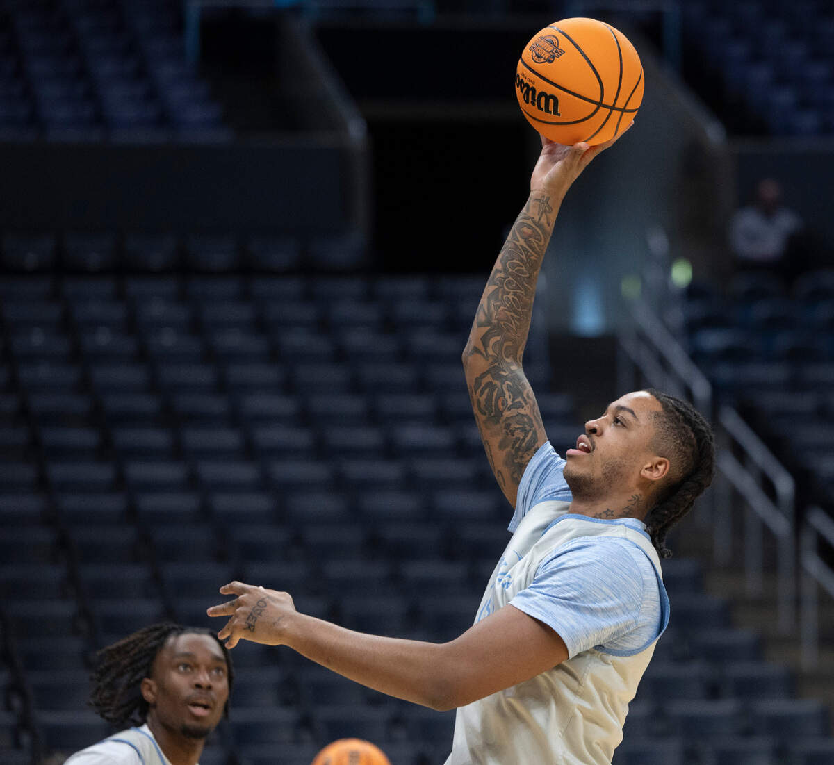 North Carolina’s Armando Bacot (5) puts up a shot during the Tar Heels’ open practice on Wednesday, March 27, 2024 at Crypto.com Arena in Los Angeles, CA.