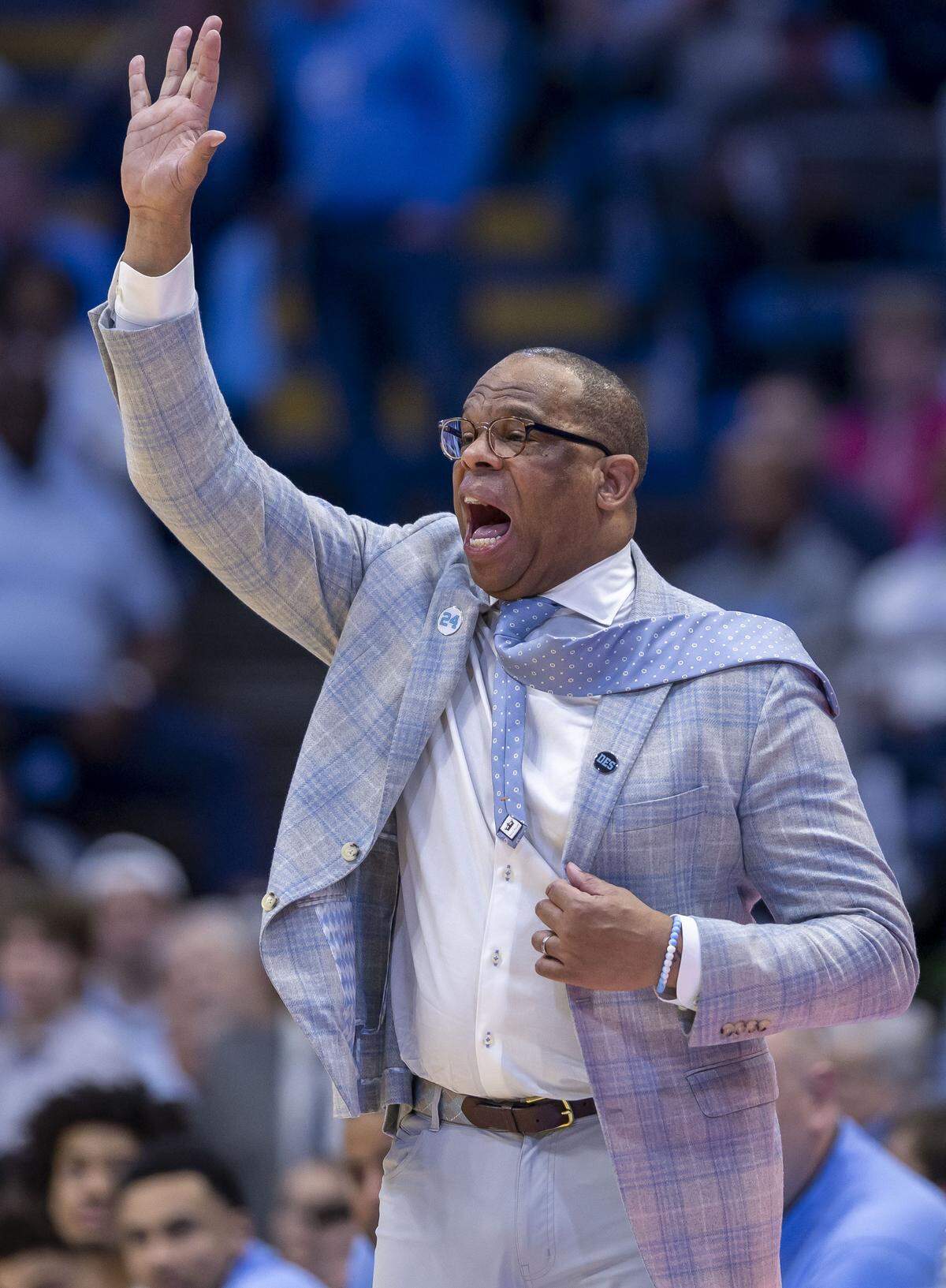 North Carolina coach Hubert Davis instructs his players on defense in the first half against Georgetown on Sunday, December 7, 2025 at the Smith Center in Chapel Hill, N.C.  