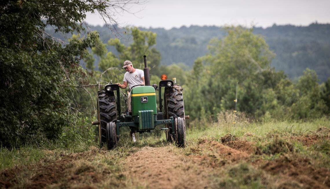 Rich Mason drives a tractor through a field at Honey Bee Hills Farm in Prospect Hill, N.C. on Friday, Aug. 21, 2020. Mason and his wife Liz started farming four years ago after leaving a career in international development. The couple thought surely they’d be able to access high speed broadband internet after moving back to the United States, not knowing the barriers to access that exist in Caswell County. Julia Wall / News & Observer / North Carolina News Collaborative