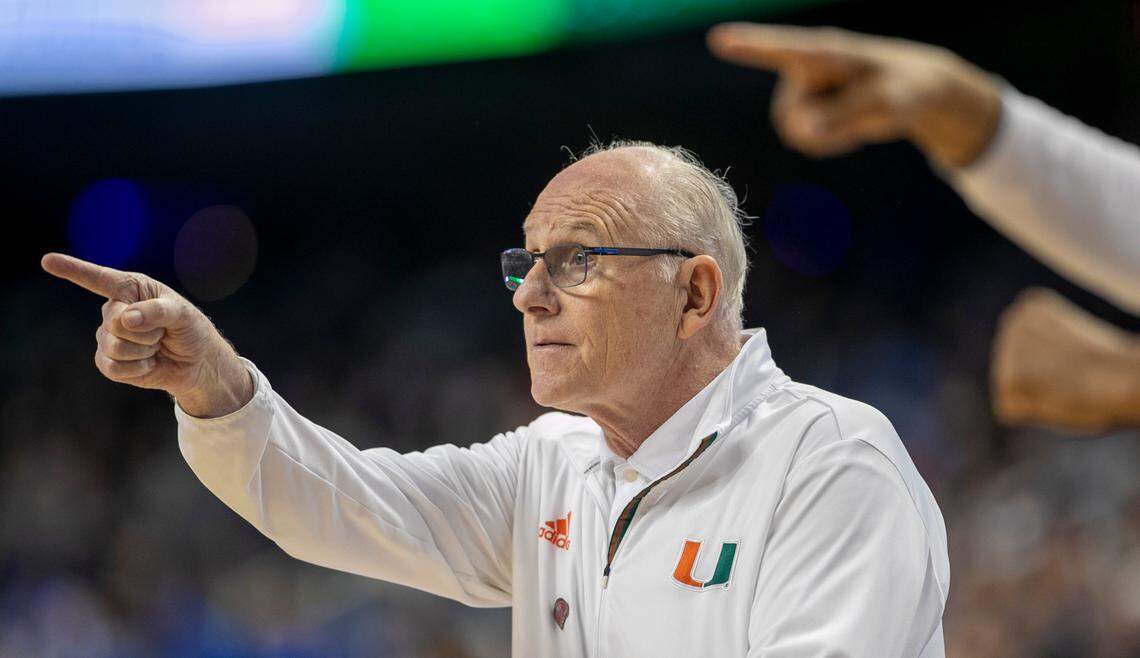 Miami coach Jim Larrañaga directs his player on offense in the second half against Duke during in the semi-finals of the ACC Tournament on Friday, March 10, 2023 at the Greensboro Coliseum in Greensboro, N.C.