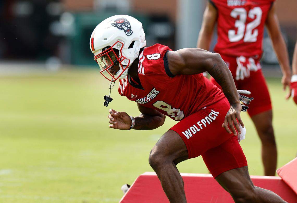 N.C. State defensive back Robert Kennedy III (8) runs a drill during the Wolfpack’s first fall practice in Raleigh, N.C., Wednesday, August 2, 2023.