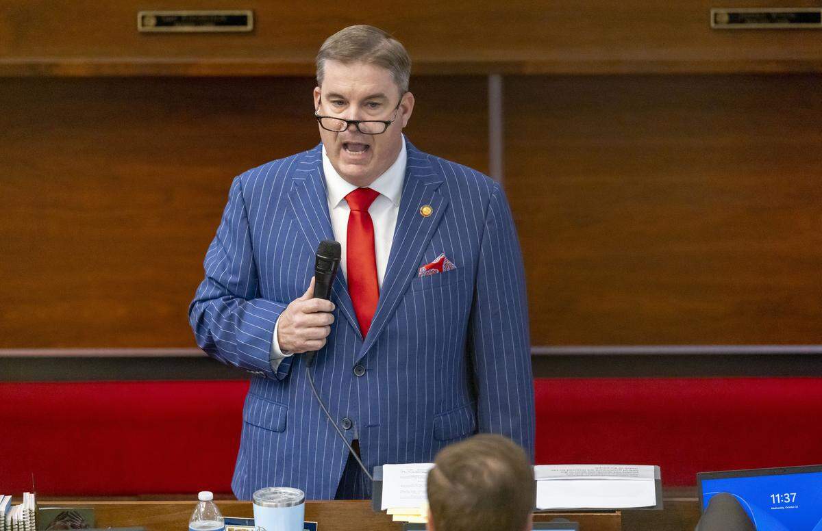 Rep. Brenden H. Jones introduces Senate Bill 249, to realign the North Carolina Congressional districts, on the House floor on Wednesday, October 22, 2025 at the General Assembly in Raleigh, N.C.  