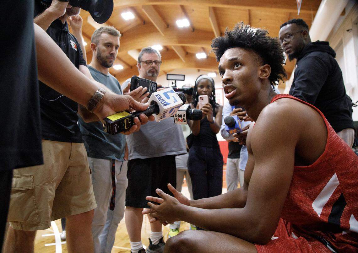 N.C. State’s Paul McNeil answers questions from reporters during media day at Dail Basketball Center on Monday, Sept. 22, 2025, in Raleigh, N.C.