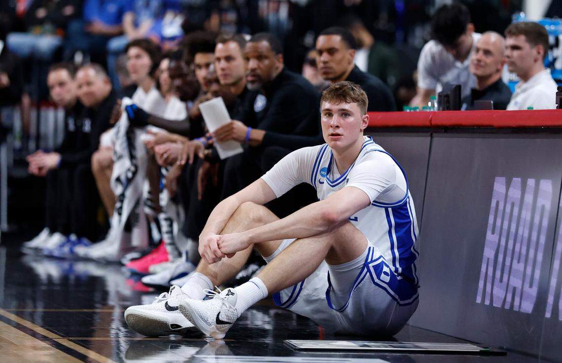 Duke’s Cooper Flagg (2) waits to come into the game during the first half of Duke’s game against Mount St. Mary’s in the first round of the 2025 NCAA Men’s Basketball Tournament at the Lenovo Center in Raleigh, N.C., Friday, March 21, 2025.