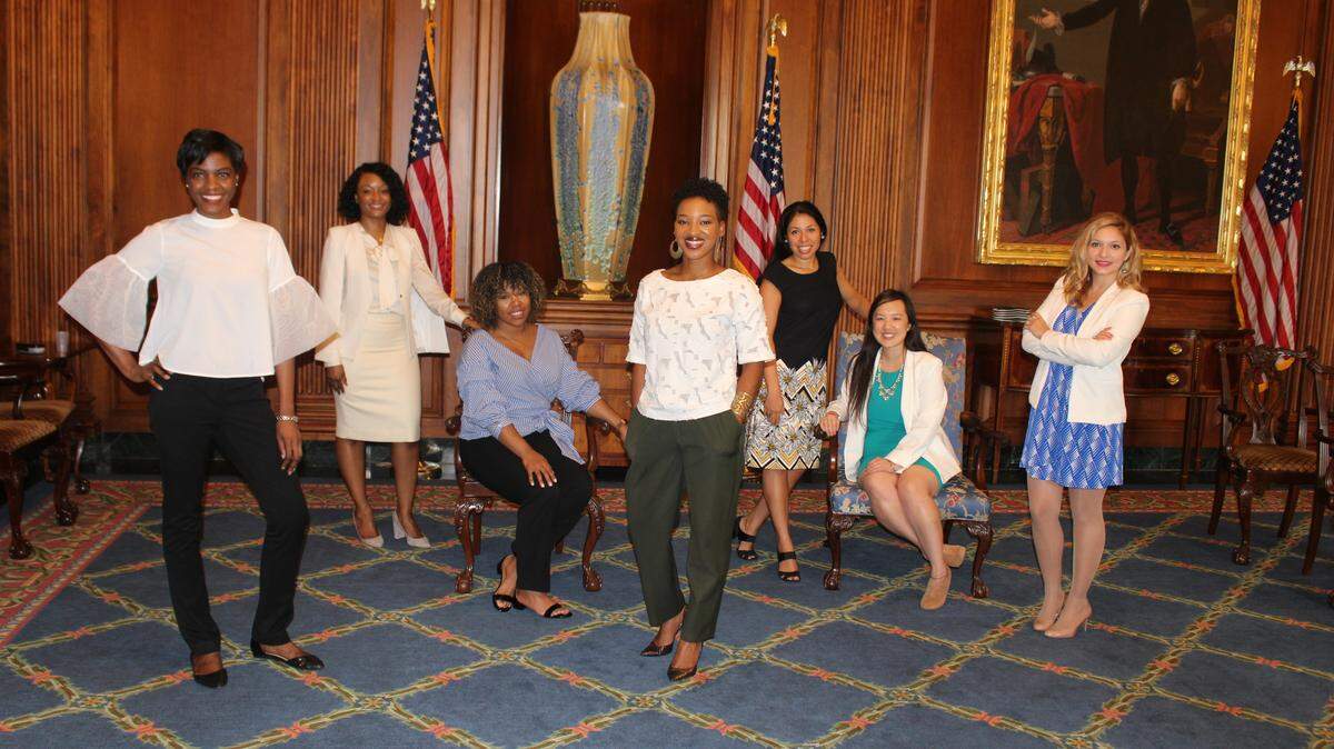 As part of marking six months since the founding of the Black Women’s Congressional Alliance, the group named nine “Rising Stars.”  From left: Charlyn Stanberry, Lakeisha Steele, Courtney Cochran, Mia Keeys, Veronica Duron, Liz Lee and Alma Acosta. Not pictured: Yasmin Rigney and Jacquelyn Usyk.