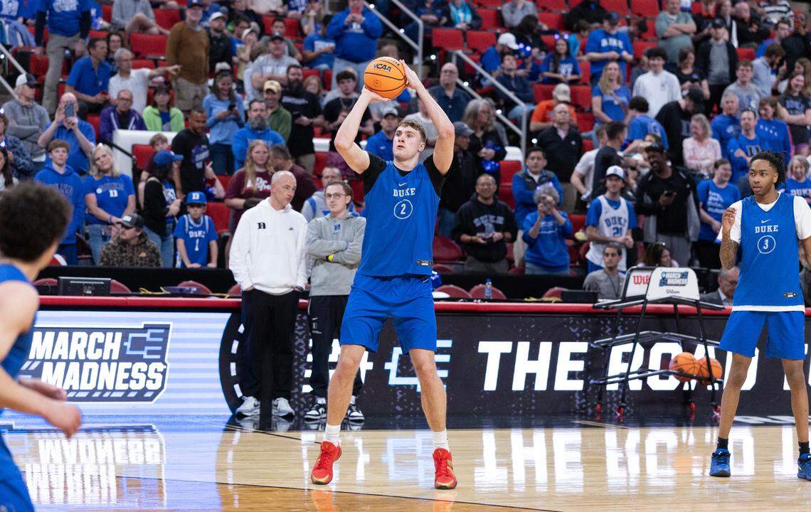 Duke’s Cooper Flagg (2) shoots during Duke’s open practice at the Lenovo Center in Raleigh, N.C., Thursday, March 20, 2025. The Blue Devils face Mount St. Mary’s in the first round of the NCAA Tournament Friday.