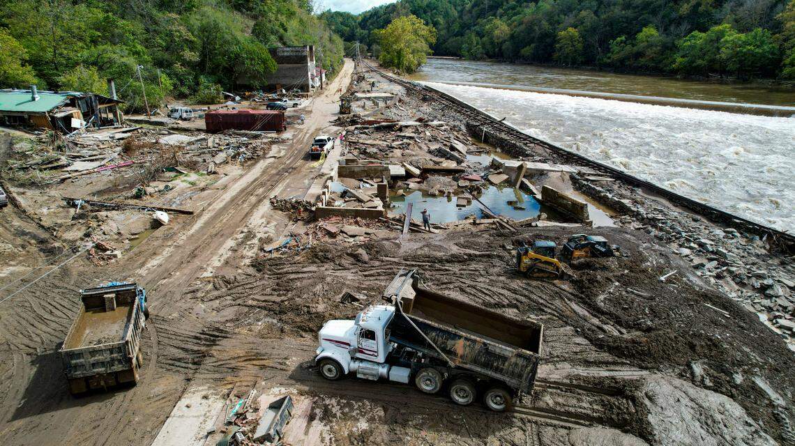 An aerial view of downtown Marshall on Tuesday, Oct. 1, 2024 after the French Broad River caused catastrophic flooding. The remnants of Hurricane Helene caused widespread flooding, downed trees, and power outages in western North Carolina.