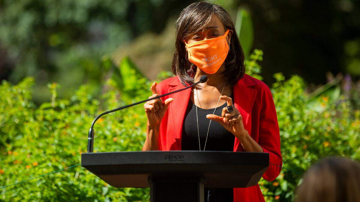 Zena Howard, principal and managing director of the architecture firm Perkins+Will in Durham, NC, speaks during a ground breaking ceremony for the new North Carolina Freedom Park, located between the NC State Legislative Building and the Governor’s Mansion, and designed by the late architect Phil Freelon, on Wednesday, Oct. 7, 2020, in Raleigh, N.C.