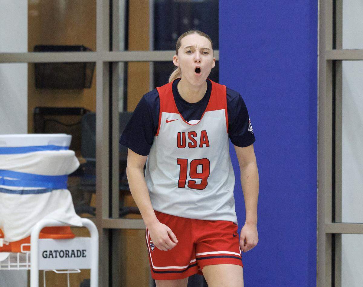 Paige Bueckers reacts after knocking down a basket during USA Basketball Women’s National Team training camp on Friday, Dec. 12, 2025, in Durham, N.C.