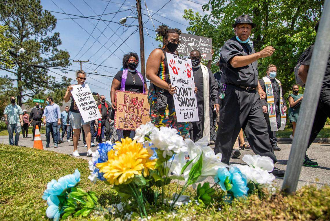 Demonstrators, led by clergy, march Wednesday, April 28, 2021 from Mt. Lebanon AME Zion Church in Elizabeth City to the site where Andrew Brown Jr. was shot and killed by Pasquotank County Sheriff deputies. A Pasquotank County judge denied the petition by the media to release the body camera footage in the shooting of Andrew Brown Jr.