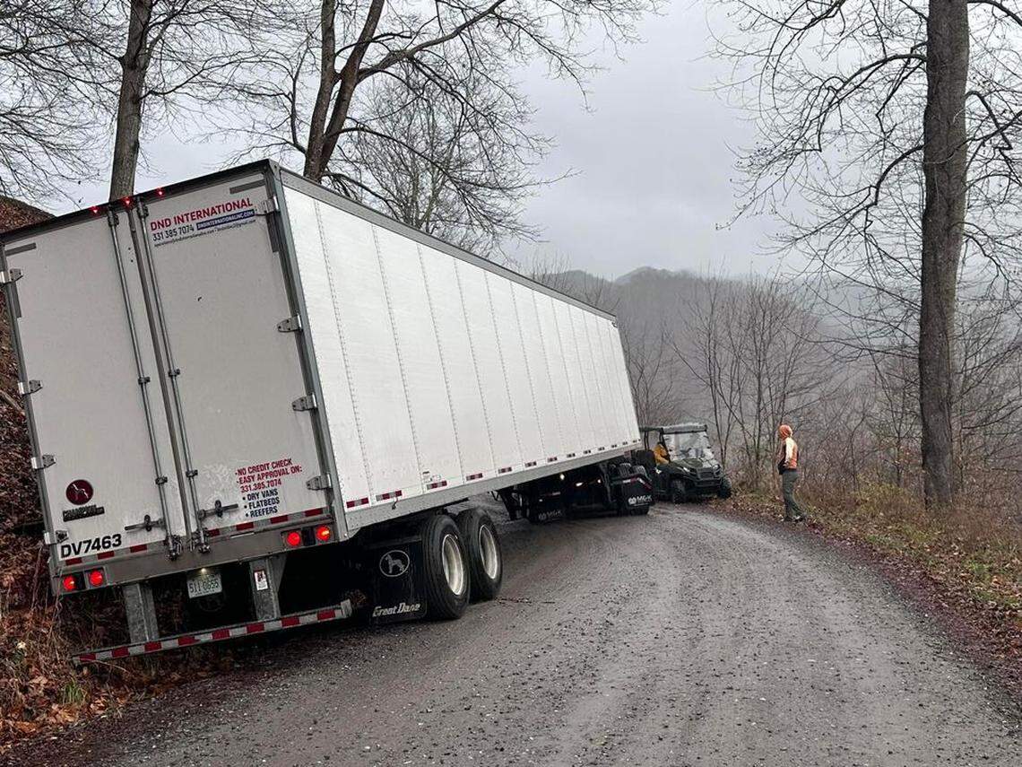 A truck that tried unsuccessfully to navigate Max Patch Road in the mountains of Western North Carolina, near the Tennessee state line. The closing of Interstate 40 in Pigeon River Gorge is prompting truckers to see alternate routes that are not built for trucks.