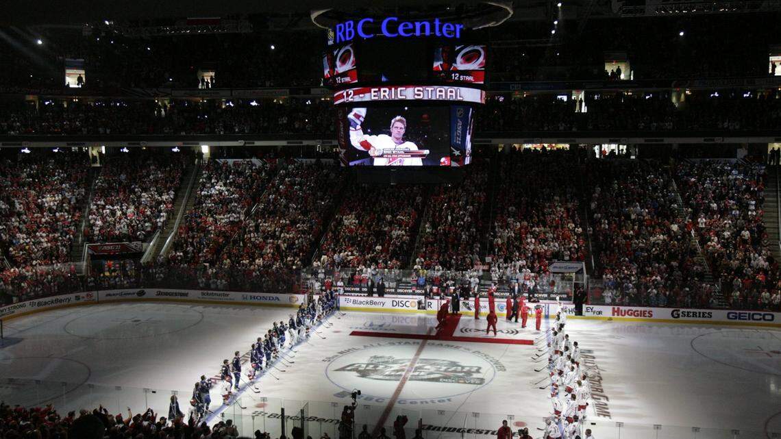 The image of Team Staal captain Eric Staal of the Hurricanes fills the scoreboard during player introductions before the NHL All-Star Game in Raleigh in 2011.
