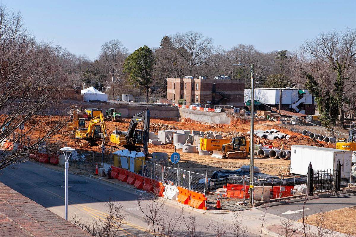 Construction equipment and materials are stacked and ready for construction to start at the 125 E. Rosemary St. parking deck site in downtown Chapel Hill in this February photo.