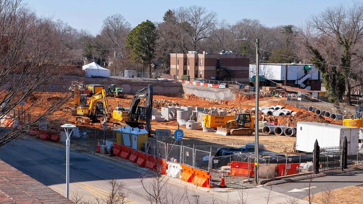 Construction equipment and materials are stacked and ready for construction to start at the 125 E. Rosemary St. parking deck site in downtown Chapel Hill in this February photo.