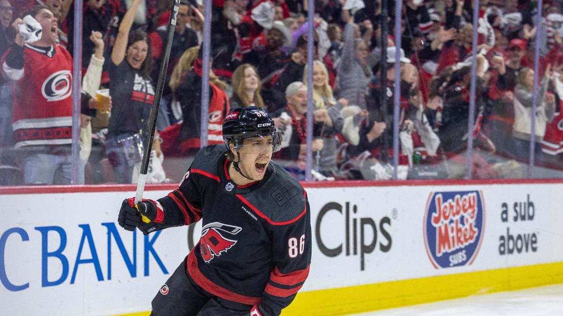 Carolina Hurricanes right wing Teuvo Teravainen (86) reacts after scoring against New York Islander goalie Semyon Varlamov (40) in the first period during Game 5 of the NHL Eastern Conference quarterfinals agains the New York Islanders on Tuesday, April 30, 2024 at PNC Arena, in Raleigh N.C.