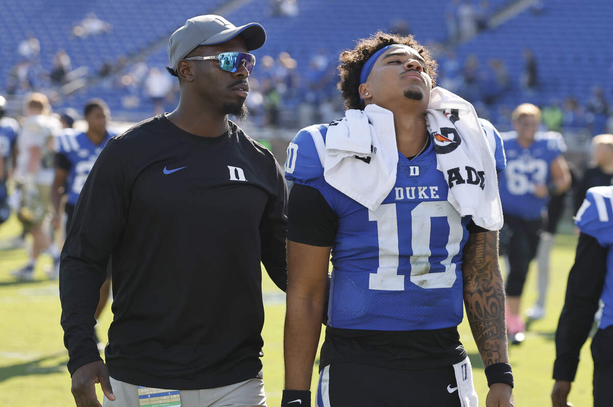 Duke quarterback Darian Mensah (10) walks off the field after Georgia Tech’s 27-18 victory over Duke at Wallace Wade Stadium in Durham, N.C., Saturday, Oct. 18, 2025.