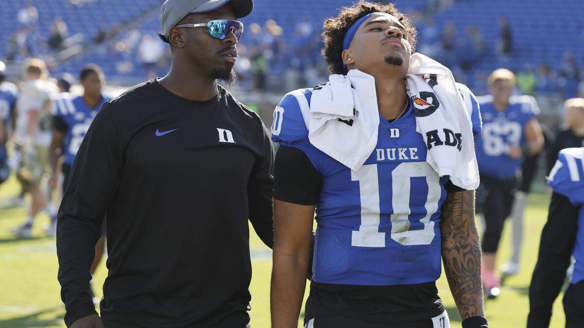 Duke quarterback Darian Mensah (10) walks off the field after Georgia Tech’s 27-18 victory over Duke at Wallace Wade Stadium in Durham, N.C., Saturday, Oct. 18, 2025.