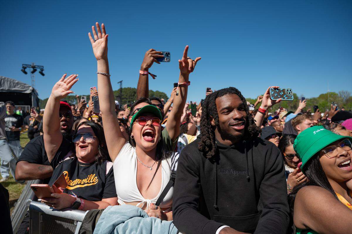 The crowd cheers for Earthgang on the first day of the Dreamville Music Festival at Dix Park in Raleigh, NC on Saturday, April 6, 2024.