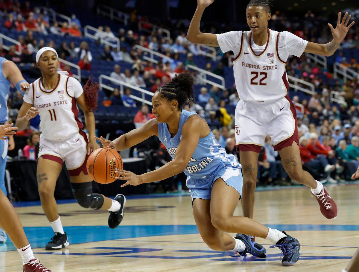 North Carolina’s Indya Nivar looks to pass as she drives in the lane during the first half of the Tar Heels’ ACC Tournament quarterfinal game against Florida State on Friday, March 7, 2025, at First Horizon Coliseum in Greensboro, N.C.