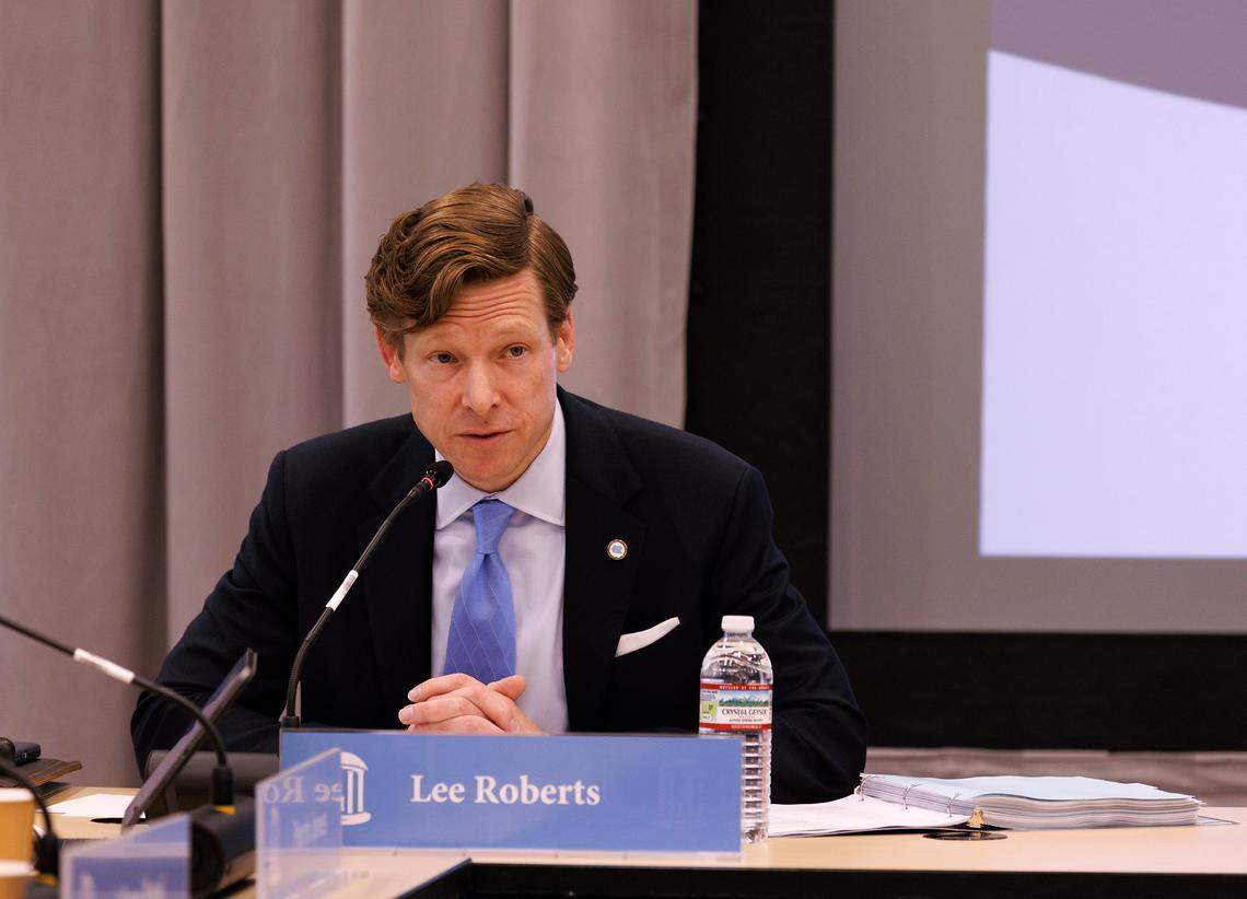 UNC-Chapel Hill Interim Chancellor Lee Roberts addresses the board of trustees during a meeting in Chapel Hill, N.C. on Thursday, May 16, 2024.