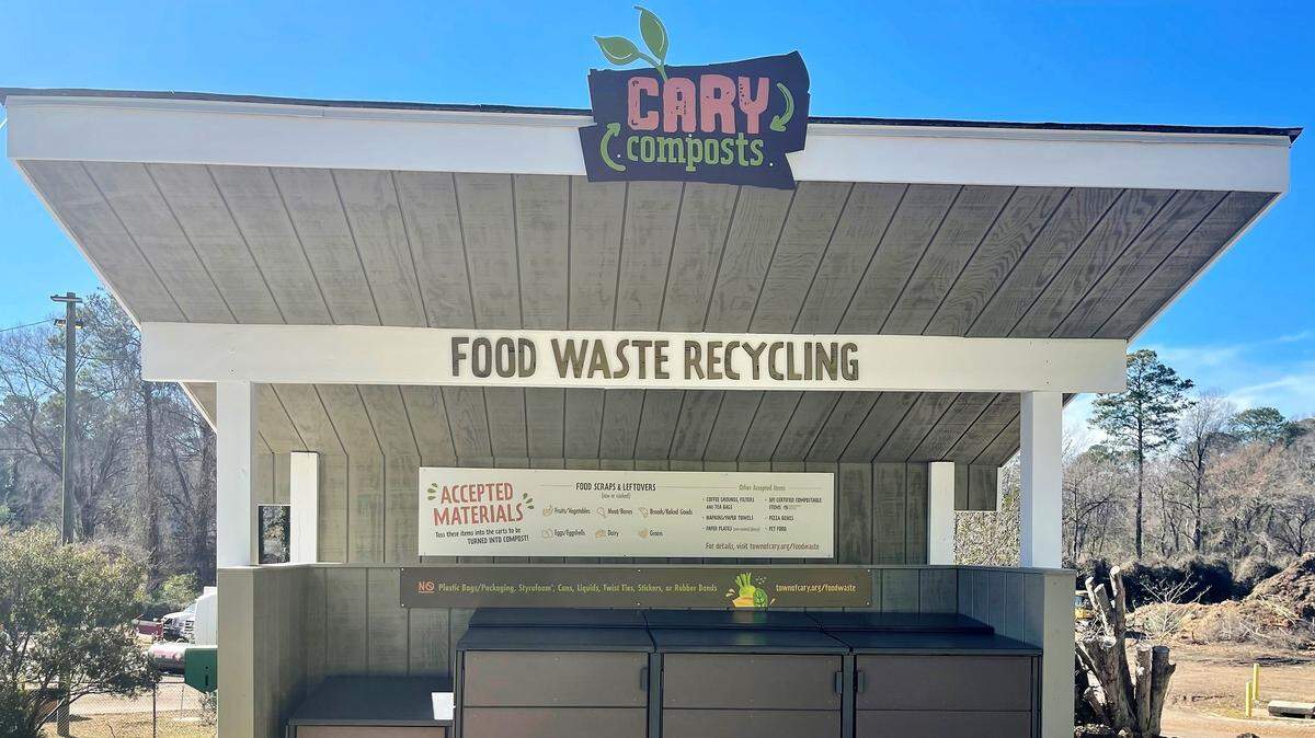 Cary’s food waste drop-off was made permanent in February after the success of a pilot program to test the effort. residents can dump food waste and other items in assorted bins for compost.