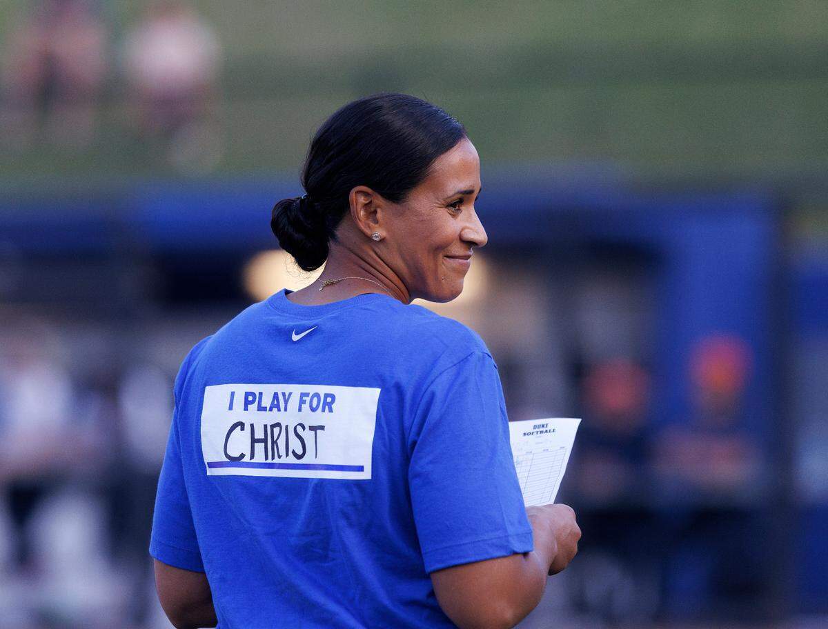 Duke head coach Marissa Young smiles during the Blue Devils’ 1-0 victory over Virginia on Friday, April 19, 2024, in Durham, N.C.
