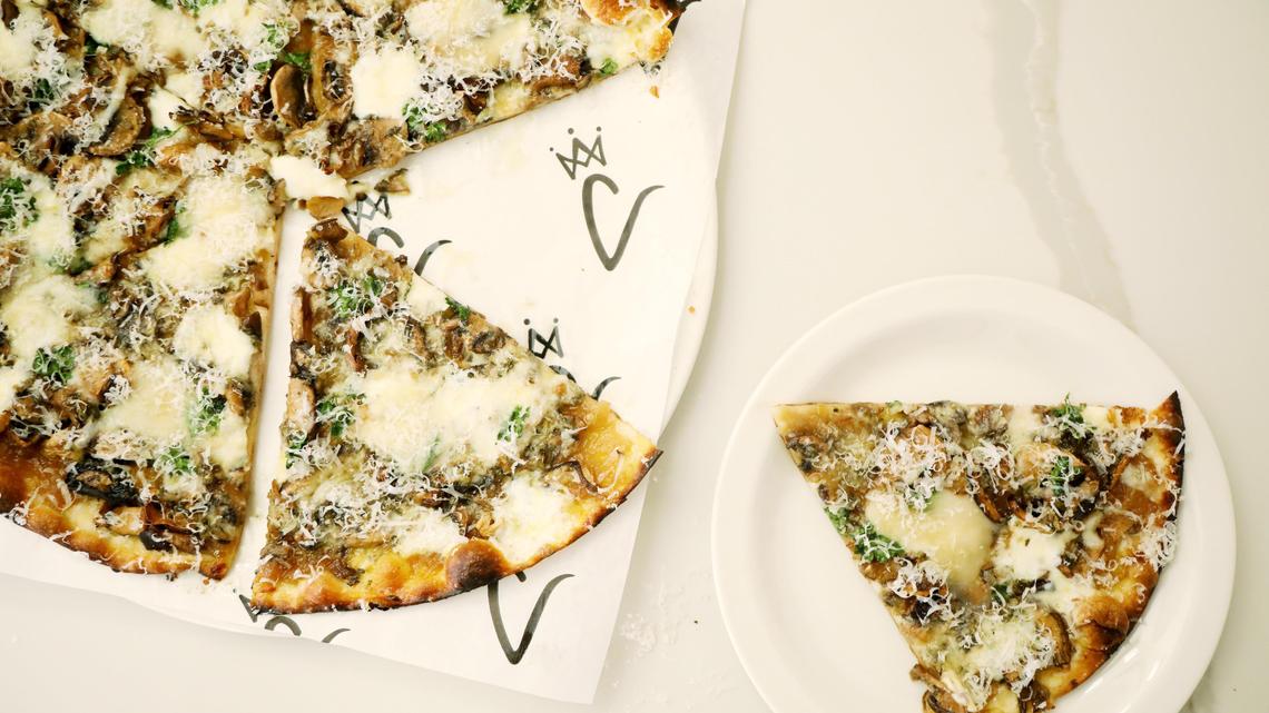 The focus at Coronato in Carrboro is Roman style pizza. The dough includes a splash of extra virgin olive oil and is rolled very thin, yielding a crust that’s blistered and cracker-crisp at the edges, and just pliable enough at the center to be folded.