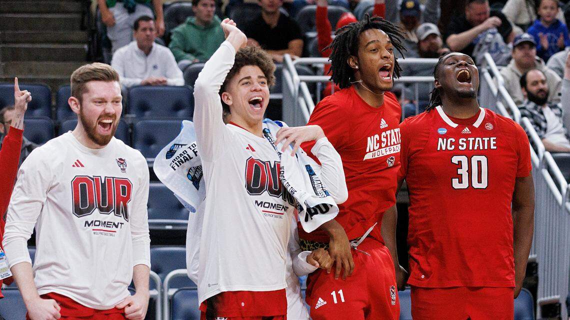The N.C. State bench reacts late in the second half of the Wolfpack’s 80-67 win over Texas Tech in first round of the NCAA Tournament on Thursday, March 21, 2024, at PPG Paints Arena in Pittsburgh, Pa