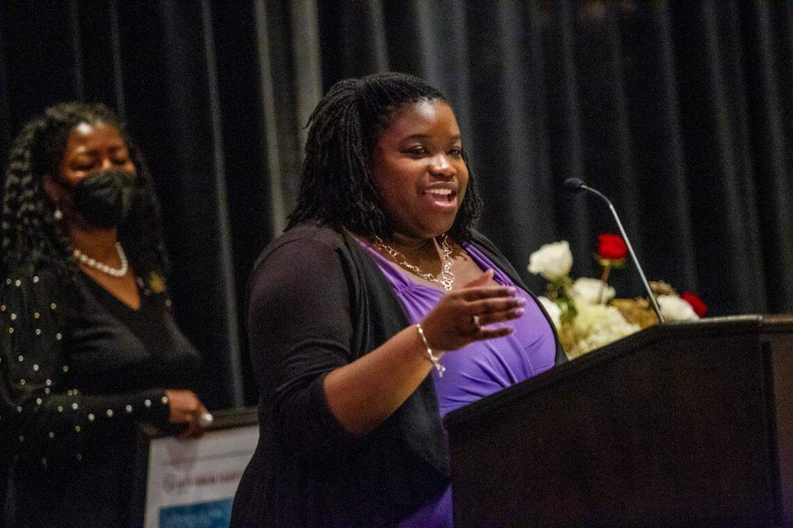Eugenia Floyd speaks after being named the 2021 Burroughs Wellcome Fund North Carolina Teacher of the Year during a banquet Friday, April 9, 2021 at the Umstead Hotel and Spa in Cary. Floyd is a fourth-grade teacher at Mary Scroggs Elementary School in Chapel Hill.