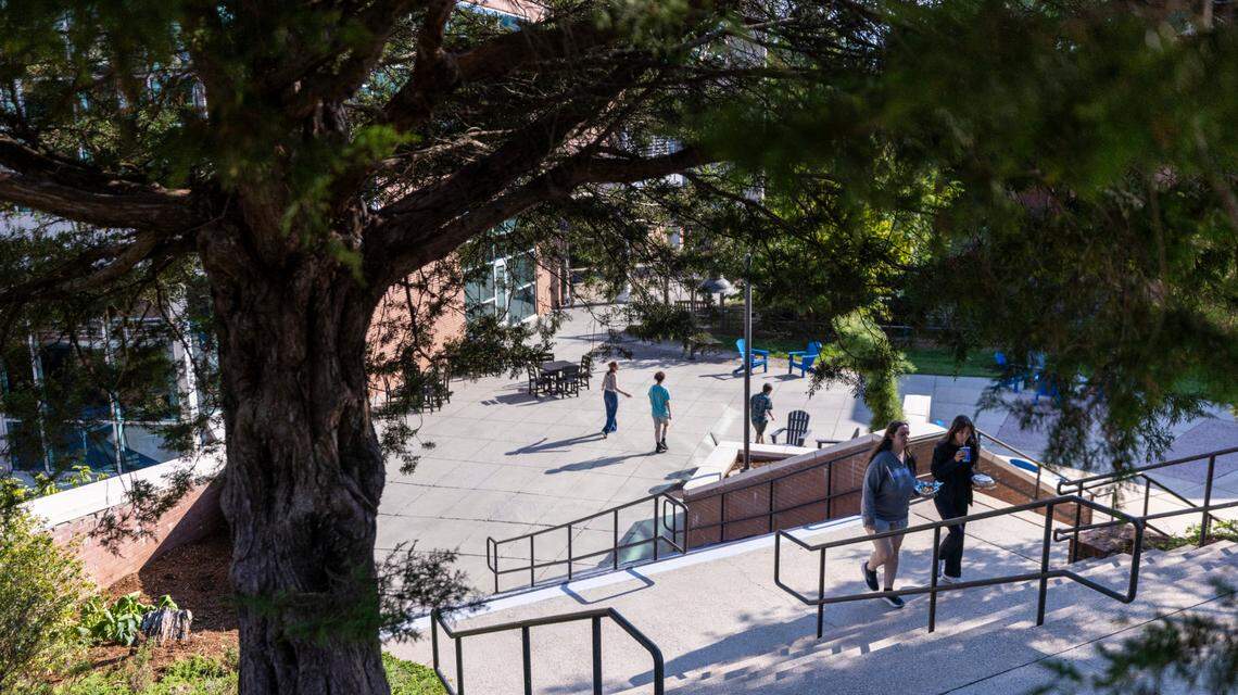 Students walk on UNC-Asheville’s campus on Friday, Aug. 15, 2024. Four departments are being eliminated from the liberal arts university’s curriculum.
