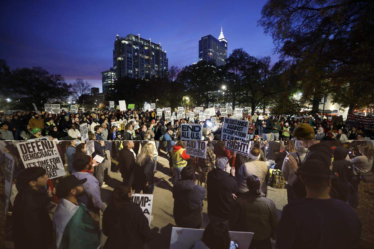 Hundreds rally in downtown Raleigh’s Moore Square Tuesday night,  Nov. 18, 2025, to protest Border Patrol agents making raids and arrests in the Triangle.