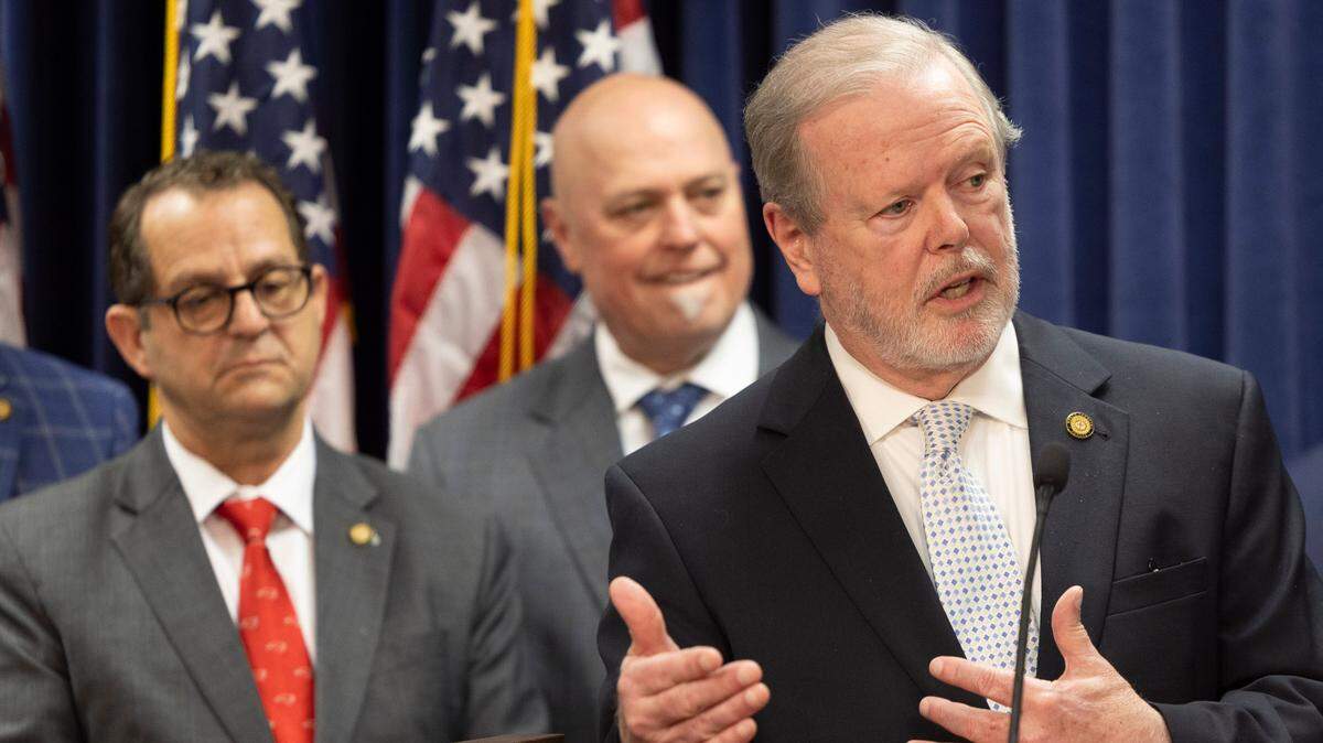 North Carolina Senate leader Phil Berger, flanked by Republican leaders, fields questions about the proposed budget during a press briefing on Monday, April 14, 2025 at the North Carolina General Assembly in Raleigh, N.C. 