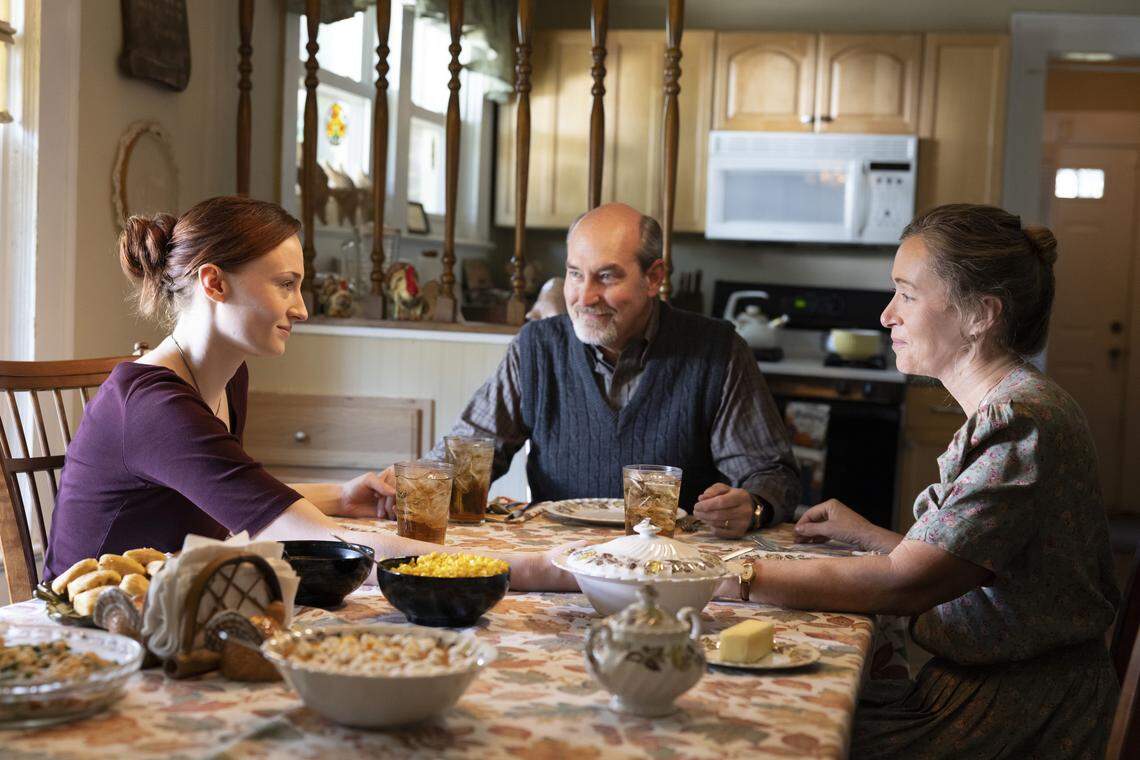 Sophie Turner as Margaret Ratliff, James Healy Jr. as Steven Blair and Deena Wade as Margaret Blair in the HBO Max series “The Staircase.”